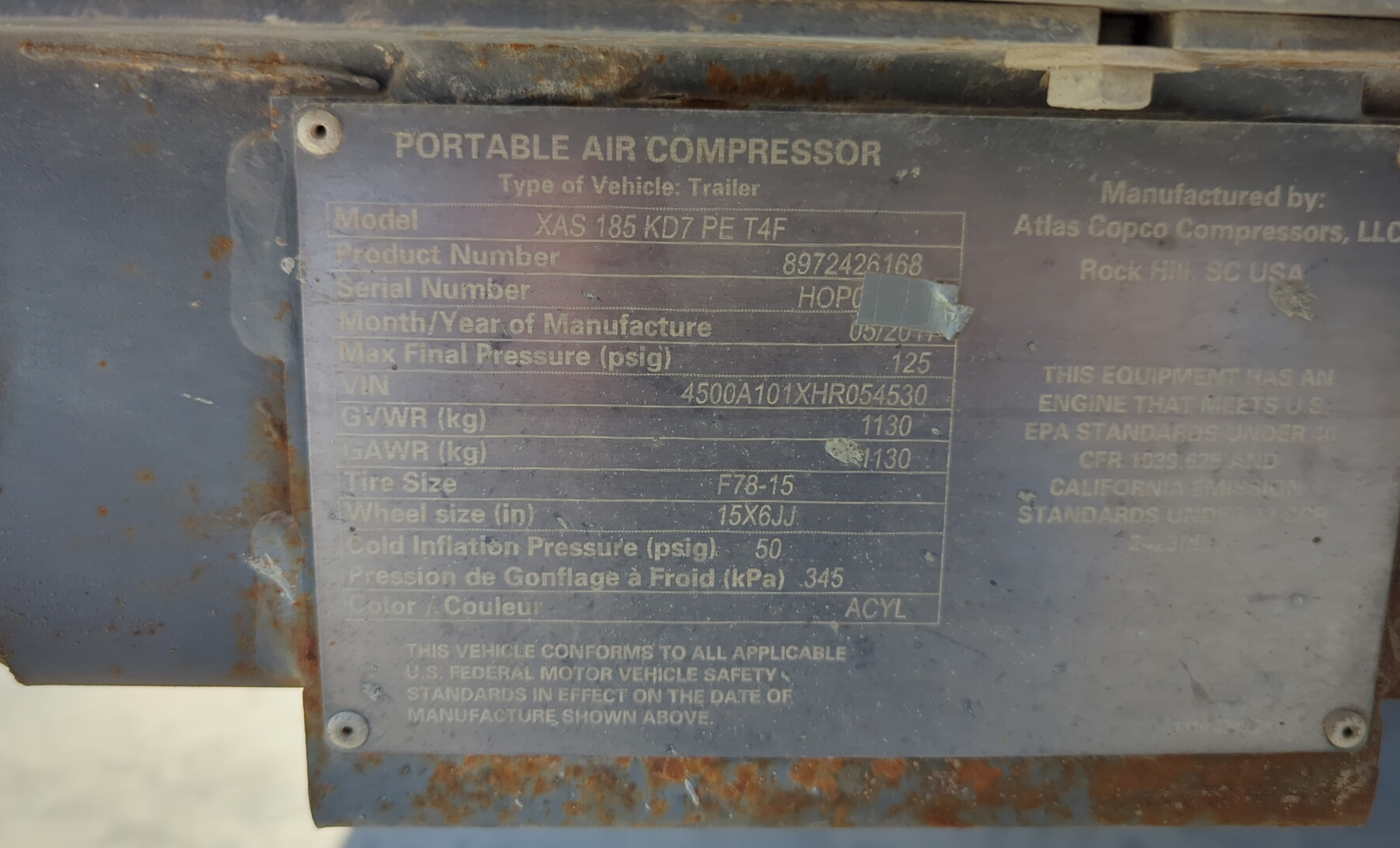 ACA-005-أطلس-كوبكو-XAS-185-T4F-كومبريسرات-هواء-فحص-نظرة-عامة-الرقم-التسلسلي-1