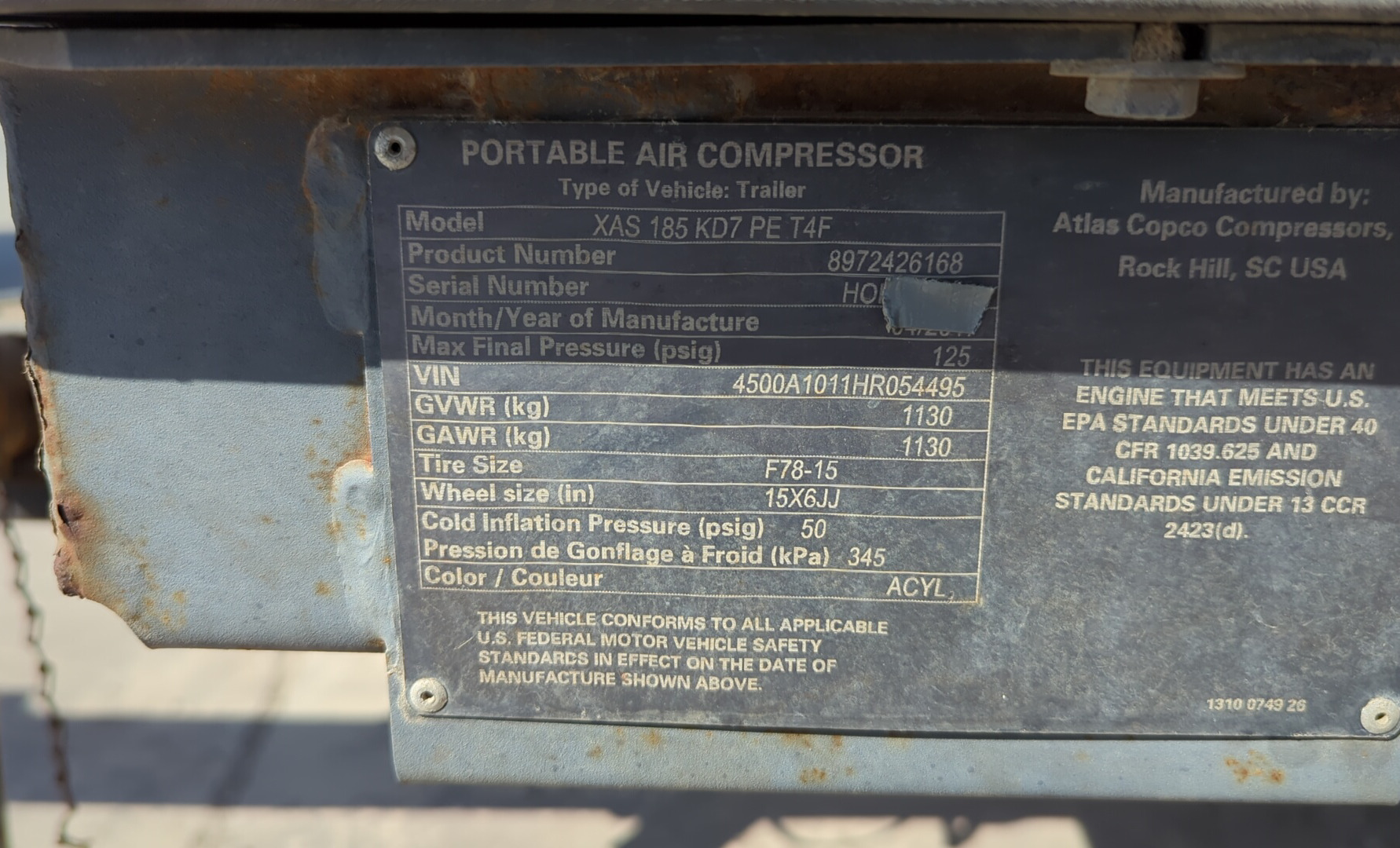 ACA-006-أطلس-كوبكو-XAS-185-T4F-كومبريسرات-هواء-فحص-نظرة-عامة-الرقم-التسلسلي-1