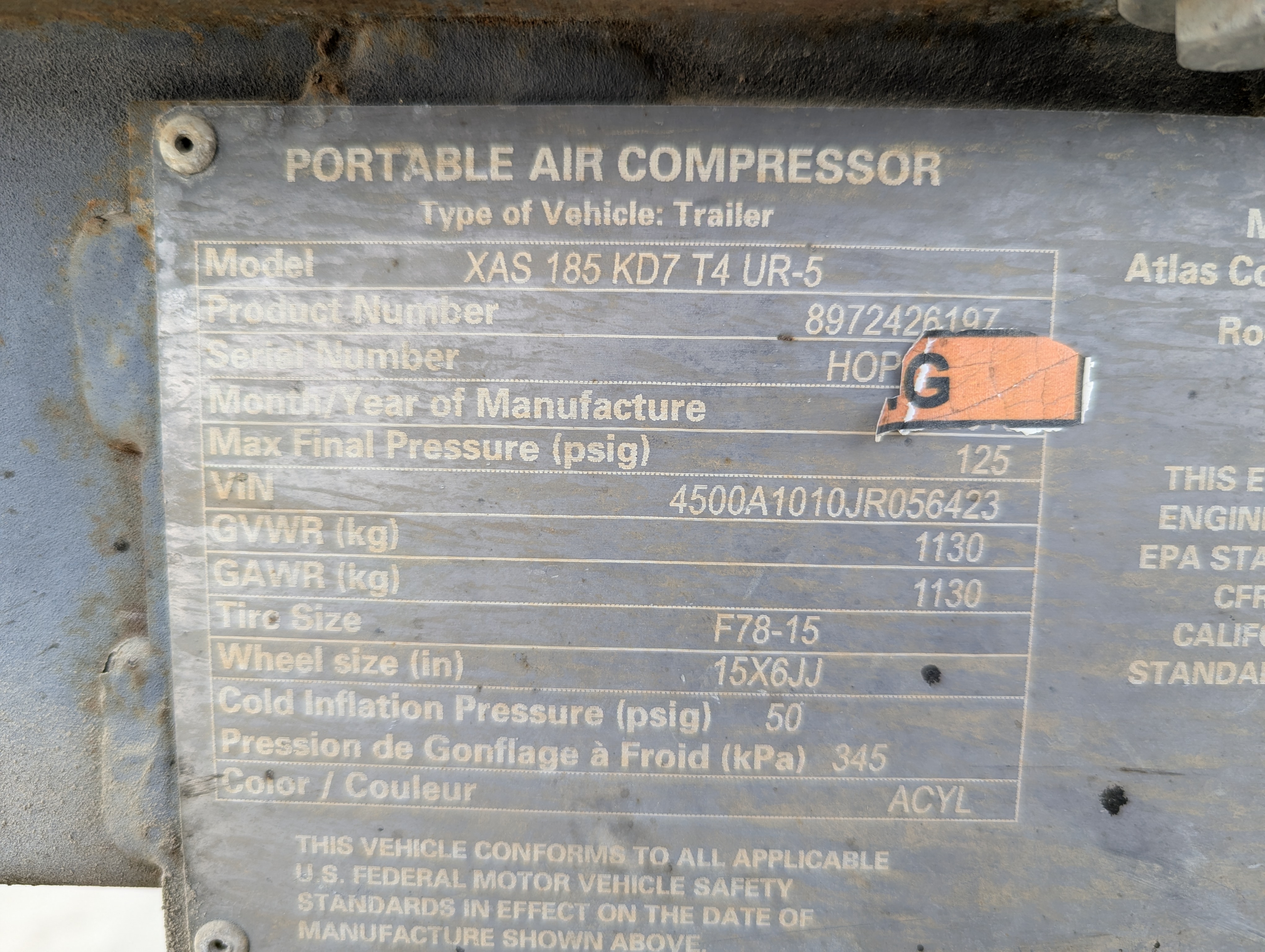 ACA-010-أطلس-كوبكو-XAS-185-T4F-كومبريسرات-هواء-فحص-نظرة-عامة-الرقم-التسلسلي-1