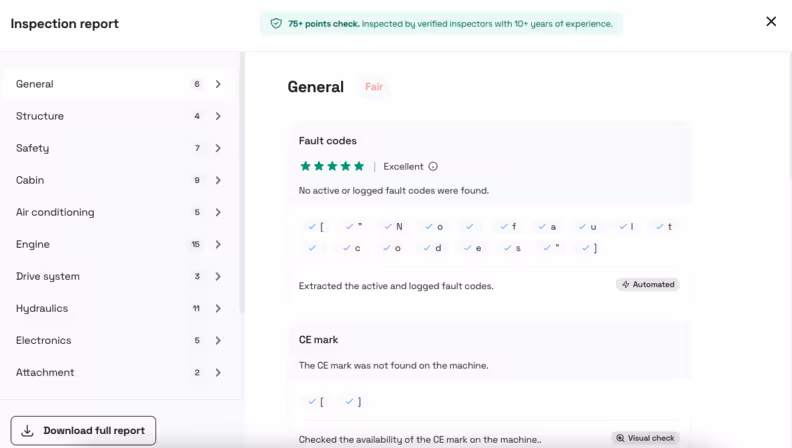 تقرير الفحص العام للحفارة بجنزير Volvo EC550EL على موقع مكنة.
